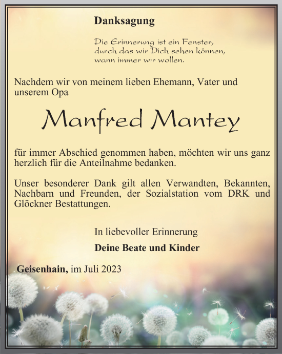 Traueranzeige von Manfred Mantey von Ostthüringer Zeitung