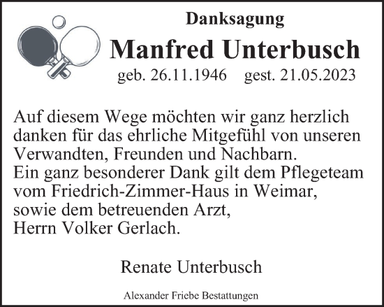 Traueranzeige von Manfred Unterbusch