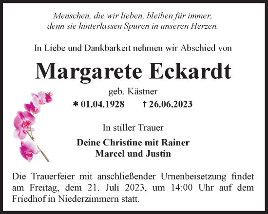 Traueranzeige von Margarete Eckardt von Thüringer Allgemeine, Thüringische Landeszeitung