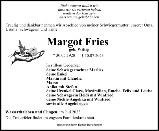 Traueranzeige von Margot Fries von Thüringer Allgemeine