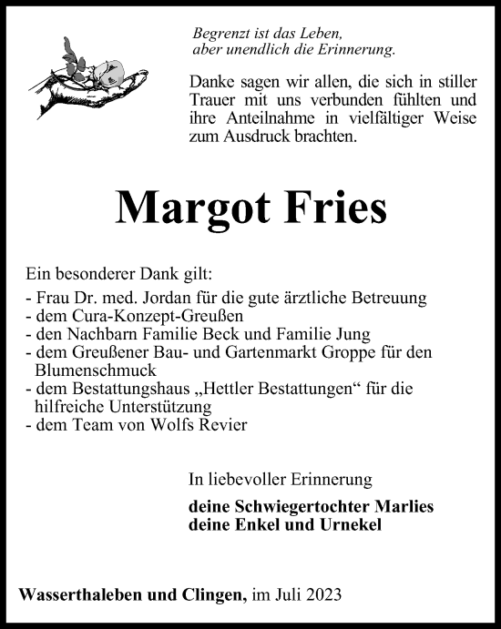 Traueranzeige von Margot Fries von Thüringer Allgemeine