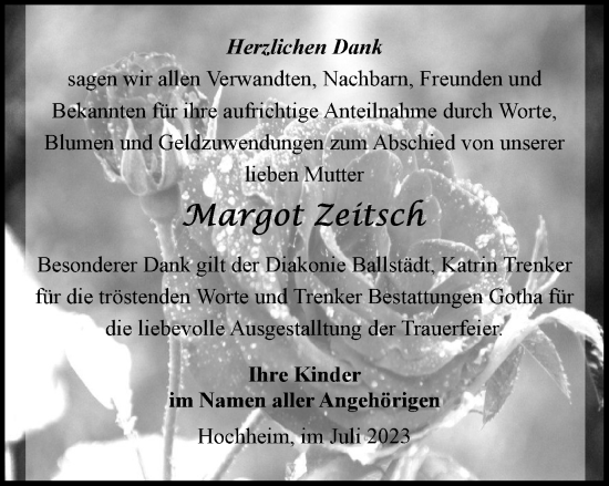 Traueranzeige von Margot Zeitsch von Thüringer Allgemeine, Thüringische Landeszeitung
