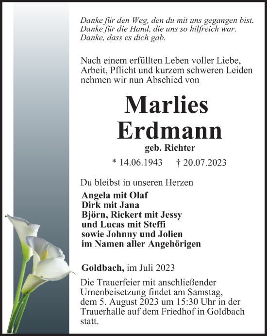 Traueranzeige von Marlies Erdmann von Thüringer Allgemeine, Thüringische Landeszeitung