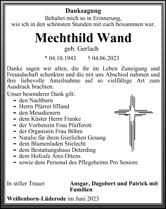 Traueranzeige von Mechthild Wand von Thüringer Allgemeine