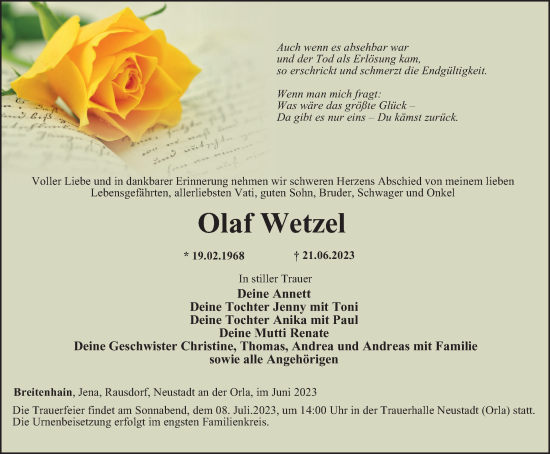 Traueranzeige von Olaf Wetzel