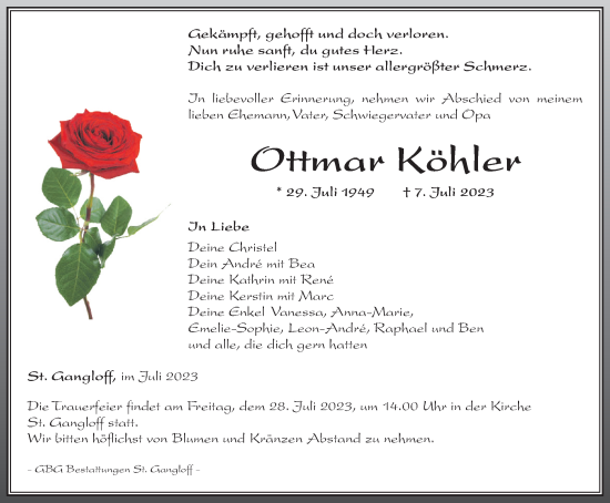 Traueranzeige von Ottmar Köhler von Ostthüringer Zeitung