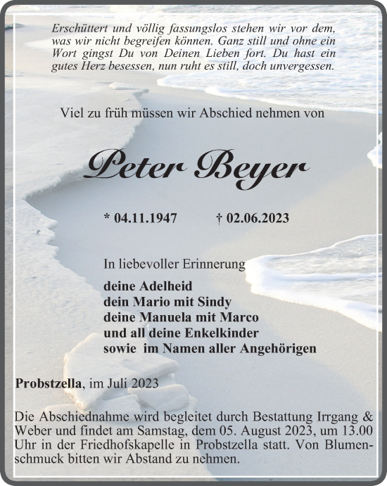 Traueranzeige von Peter Beyer von Ostthüringer Zeitung