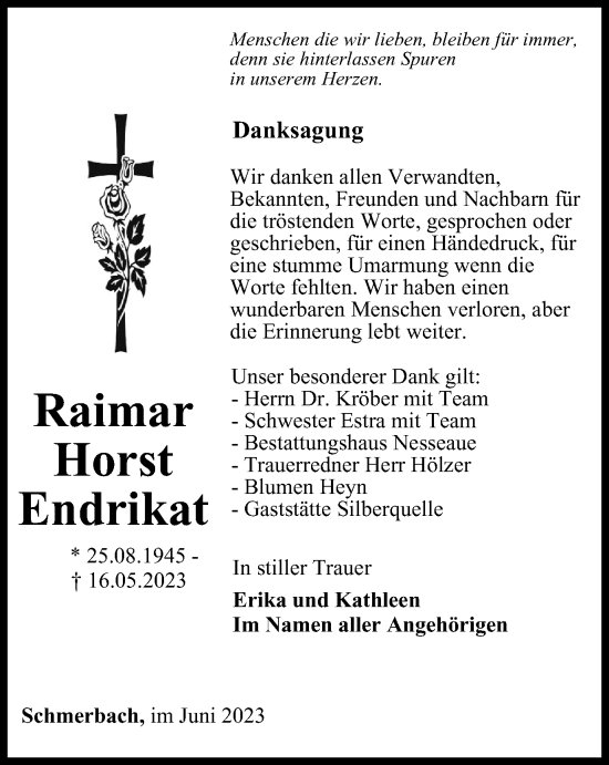 Traueranzeige von Raimar Horst Endrikat von Thüringer Allgemeine, Thüringische Landeszeitung