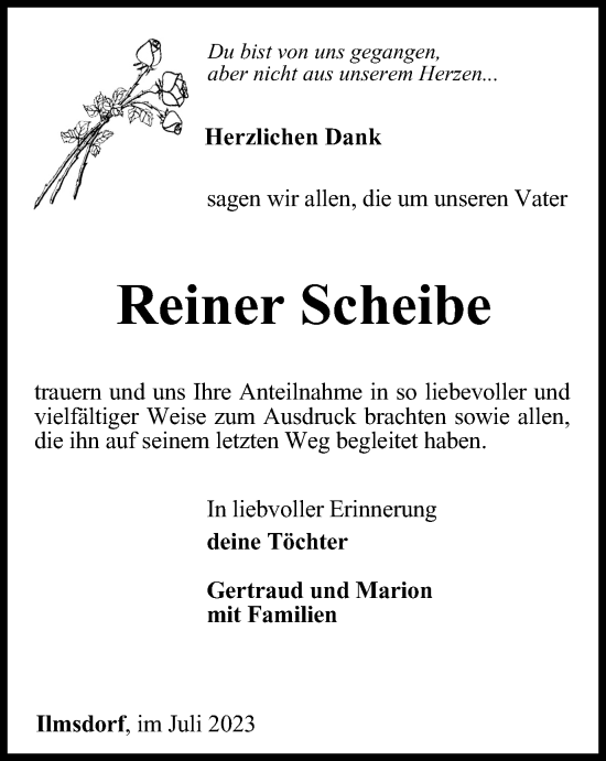 Traueranzeige von Reiner Scheibe von Ostthüringer Zeitung