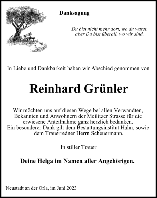 Traueranzeige von Reinhard Grünler