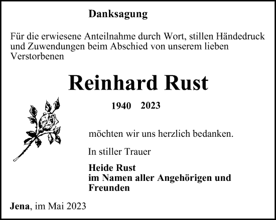 Traueranzeige von Reinhard Rust von Ostthüringer Zeitung, Thüringische Landeszeitung