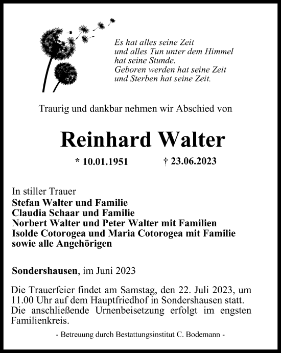 Traueranzeige von Reinhard Walter