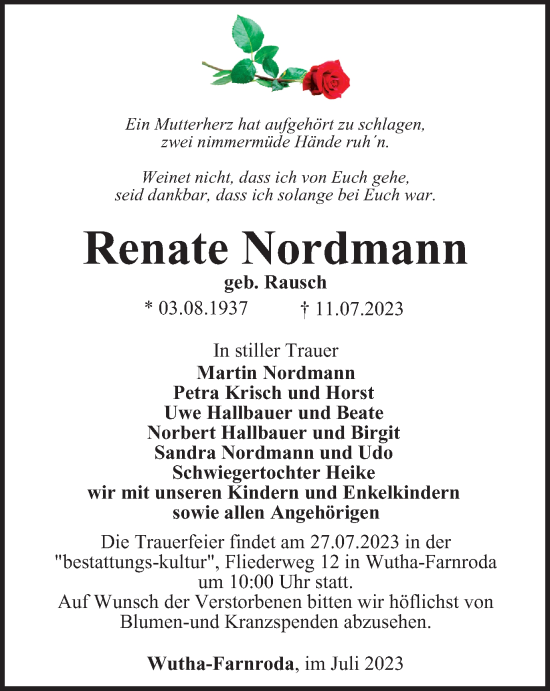 Traueranzeige von Renate Nordmann von Thüringer Allgemeine, Thüringische Landeszeitung