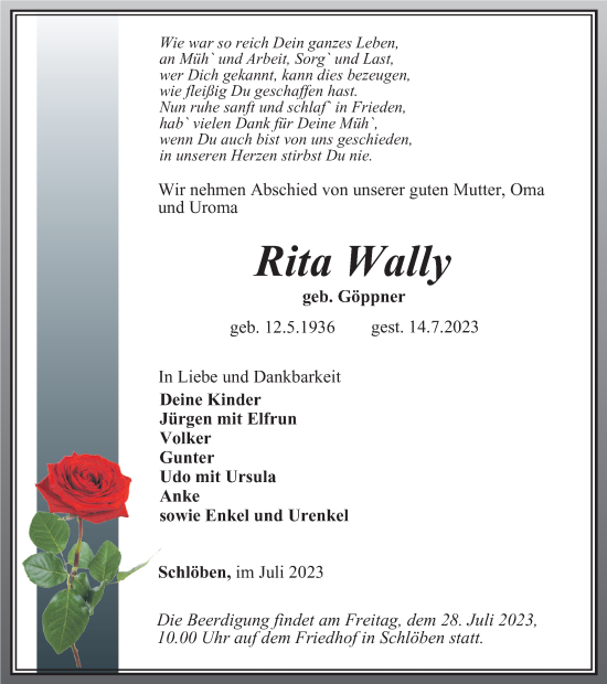 Traueranzeige von Rita Wally von Ostthüringer Zeitung
