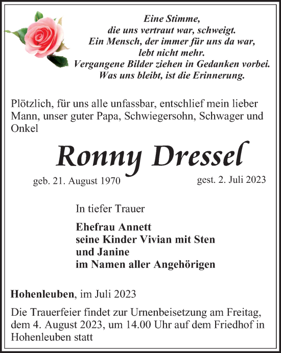 Traueranzeige von Ronny Dressel von Ostthüringer Zeitung