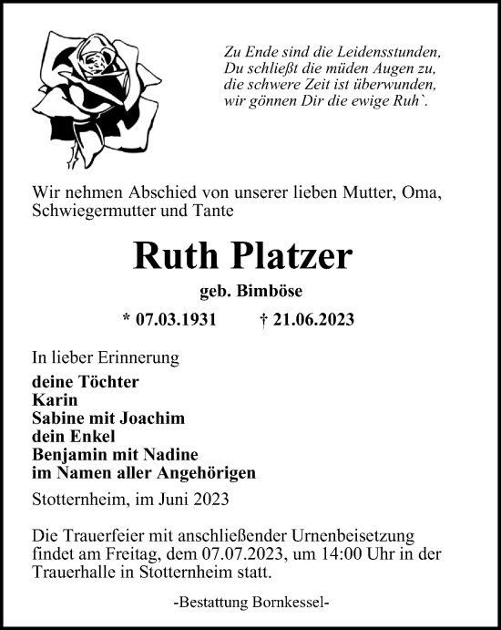Traueranzeige von Ruth Platzer