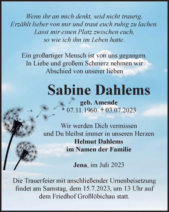 Traueranzeige von Sabine Dahlems von Ostthüringer Zeitung, Thüringische Landeszeitung