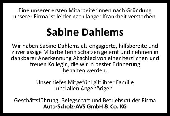 Traueranzeige von Sabine Dahlems von Ostthüringer Zeitung