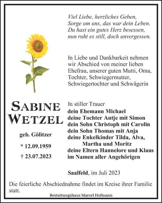 Traueranzeige von Sabine Wetzel