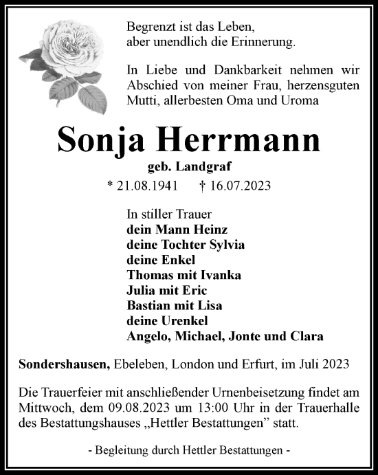 Traueranzeige von Sonja Herrmann von Thüringer Allgemeine