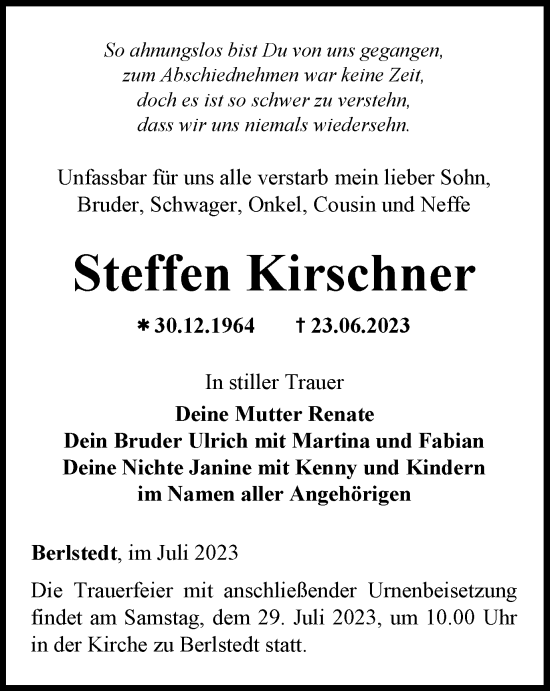 Traueranzeige von Steffen Kirschner von Thüringer Allgemeine, Thüringische Landeszeitung