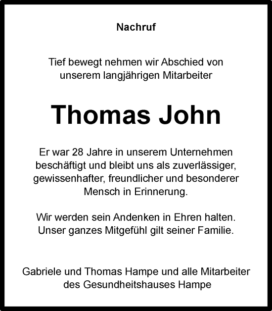 Traueranzeige von Thomas John von Ostthüringer Zeitung