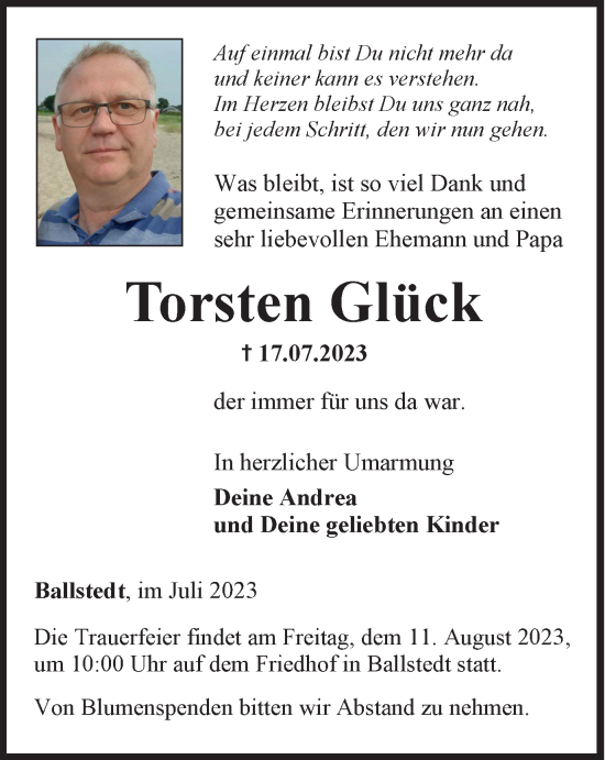 Traueranzeige von Torsten Glück von Thüringer Allgemeine, Thüringische Landeszeitung