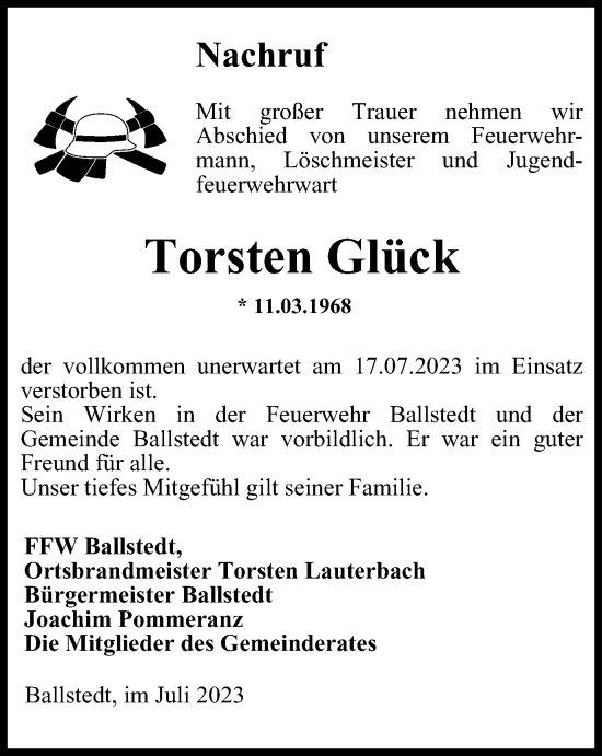 Traueranzeige von Torsten Glück von Thüringer Allgemeine, Thüringische Landeszeitung