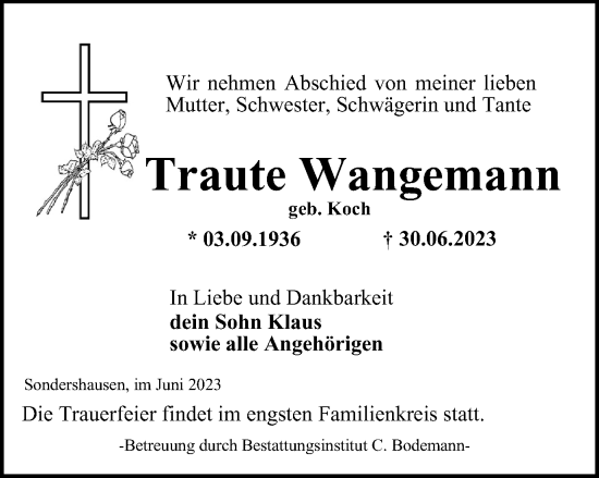 Traueranzeige von Traute Wangemann