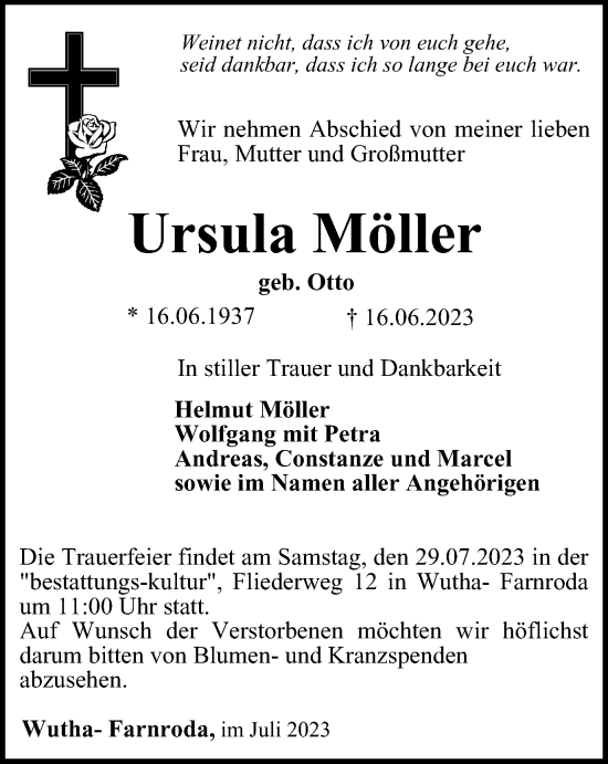 Traueranzeige von Ursula Möller von Thüringer Allgemeine, Thüringische Landeszeitung