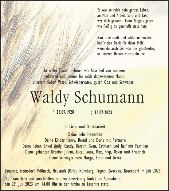 Traueranzeige von Waldy Schumann