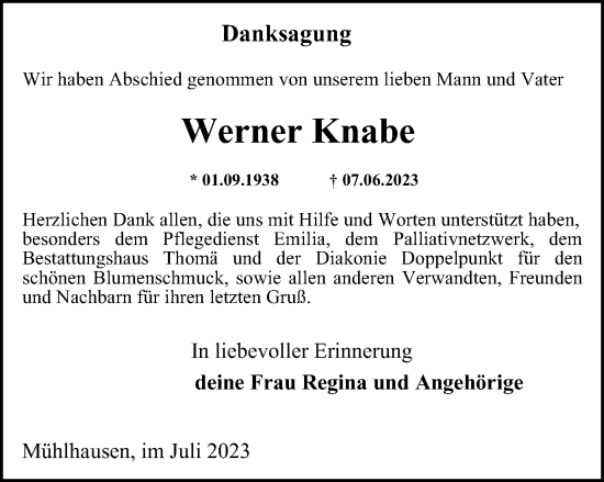 Traueranzeige von Werner Knabe von Thüringer Allgemeine, Thüringische Landeszeitung