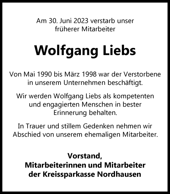 Traueranzeige von Wolfgang Liebs von Thüringer Allgemeine