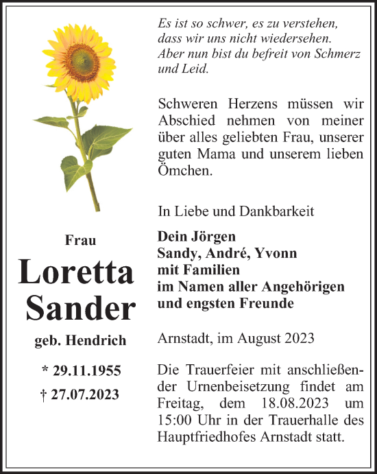 Traueranzeige von Loretta  Sander von TA