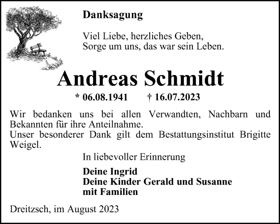 Traueranzeige von Andreas Schmidt von Ostthüringer Zeitung