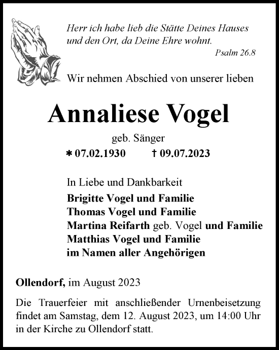Traueranzeige von Annaliese Vogel von Thüringer Allgemeine, Thüringische Landeszeitung