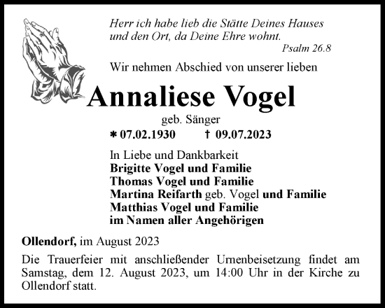 Traueranzeige von Annaliese Vogel von Thüringer Allgemeine, Thüringische Landeszeitung