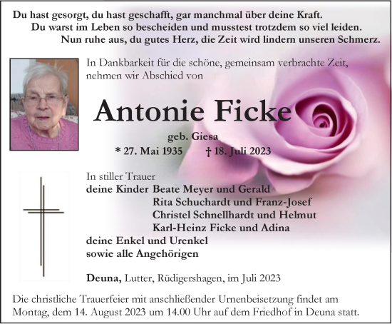 Traueranzeige von Antonie Ficke von Thüringer Allgemeine