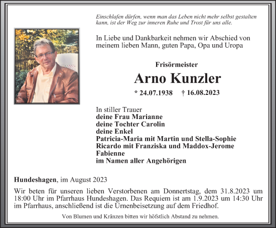 Traueranzeige von Arno Kunzler von Thüringer Allgemeine