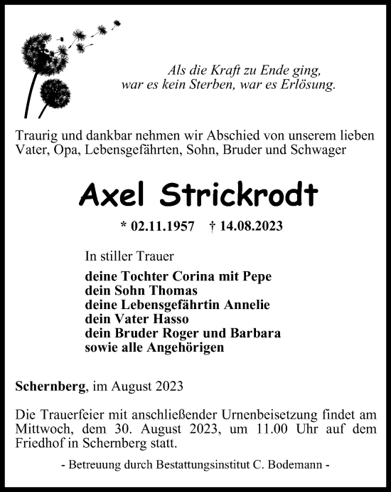 Traueranzeige von Axel Strickrodt