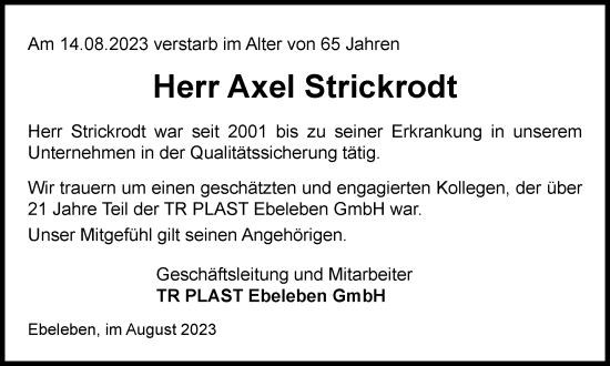 Traueranzeige von Axel Strickrodt