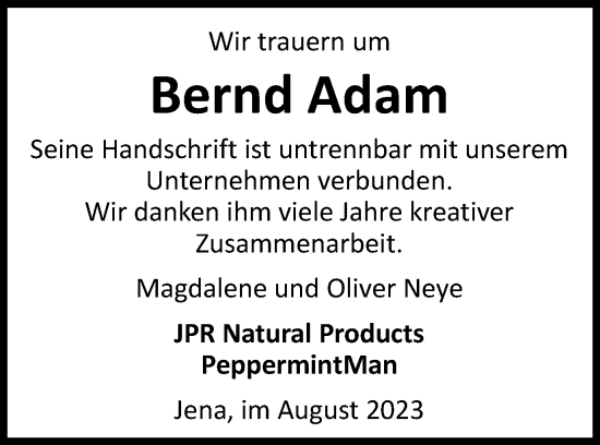 Traueranzeige von Bernd Adam von Ostthüringer Zeitung, Thüringische Landeszeitung