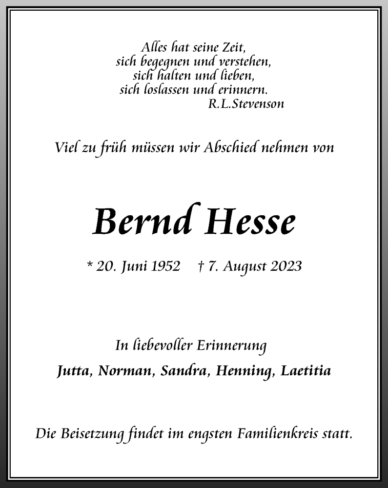  Traueranzeige für Bernd Hesse vom 26.08.2023 aus Thüringer Allgemeine, Thüringische Landeszeitung