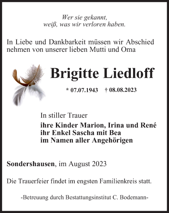 Traueranzeige von Brigitte Liedloff