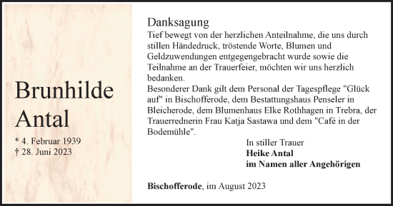 Traueranzeige von Brunhilde Antal von Thüringer Allgemeine