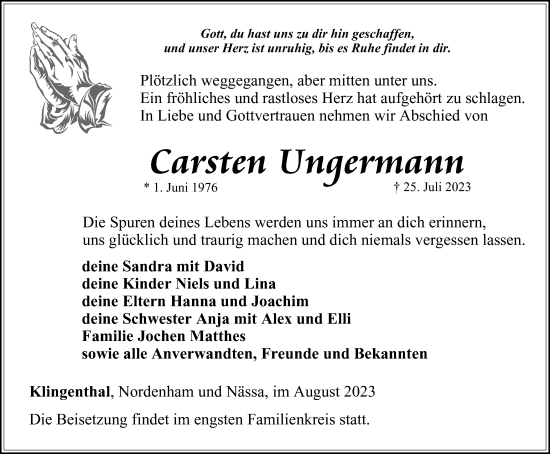 Traueranzeige von Carsten Ungermann von Ostthüringer Zeitung