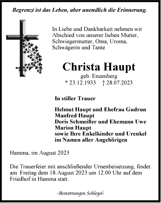 Traueranzeige von Christa Haupt von Thüringer Allgemeine