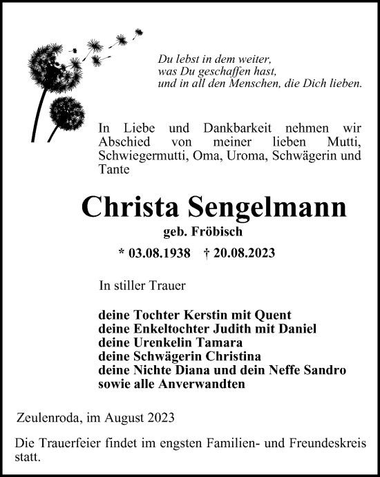 Traueranzeige von Christa Sengelmann von Ostthüringer Zeitung