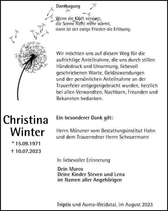 Traueranzeige von Christina Winter