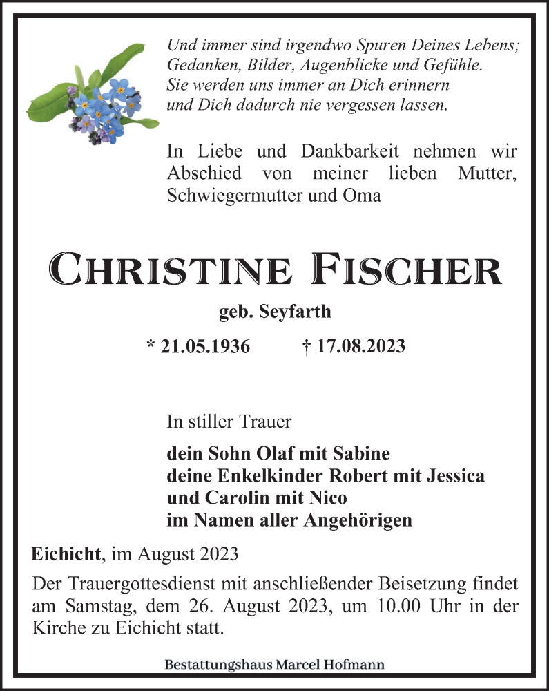 Traueranzeige für Christine Fischer vom 19.08.2023 aus Ostthüringer Zeitung
